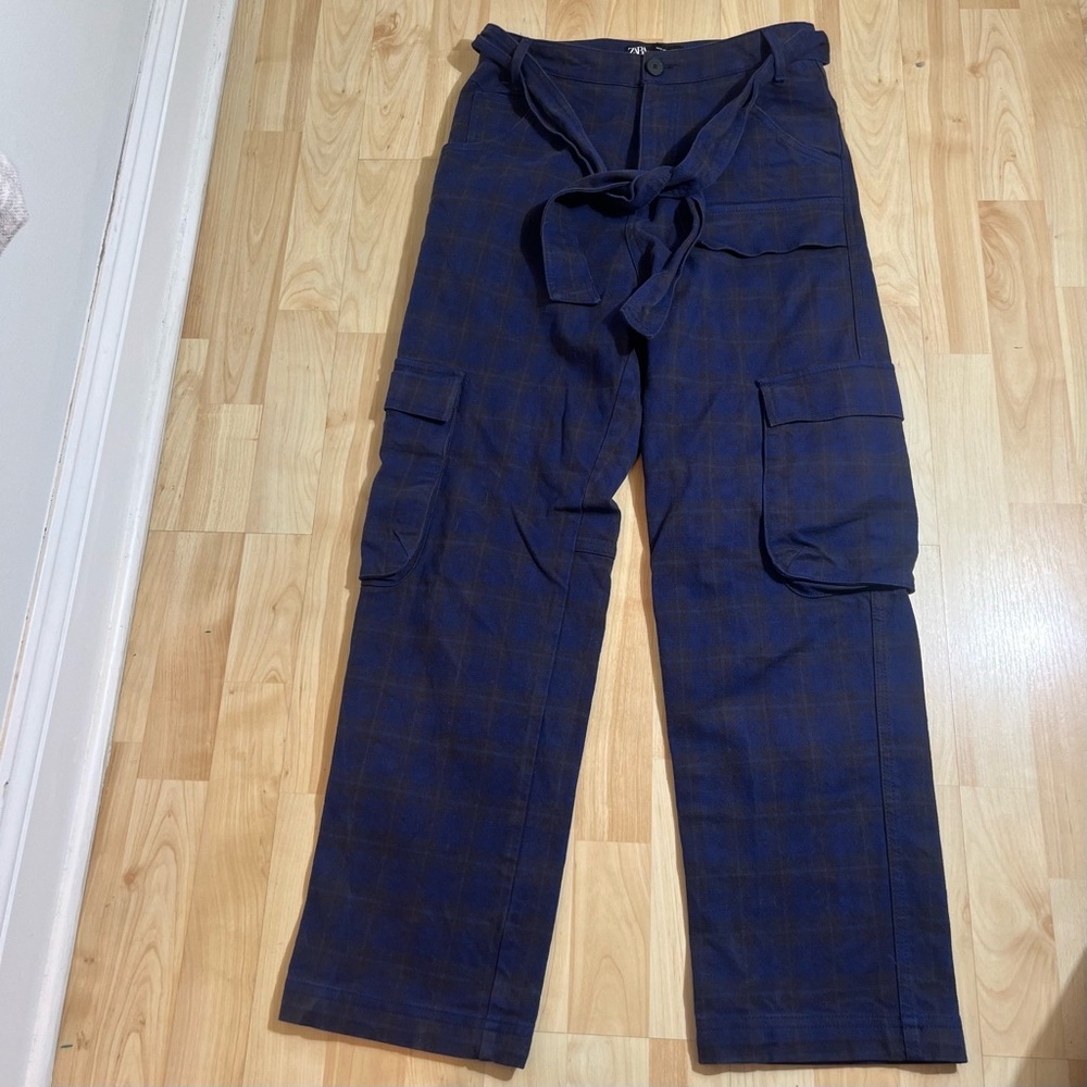 ZARA Women’s Plaid High Waist Cargo Pants Belted Size Small Purple Black